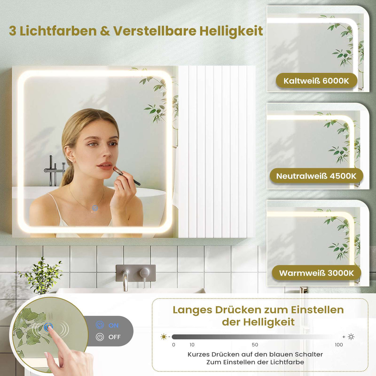 AOGLLATI Spiegelschrank Bad 80 cm breit mit LED-Beleuchtung Badezimmer spiegelschrank mit Verstellbarer Ablage HD-Spiegel