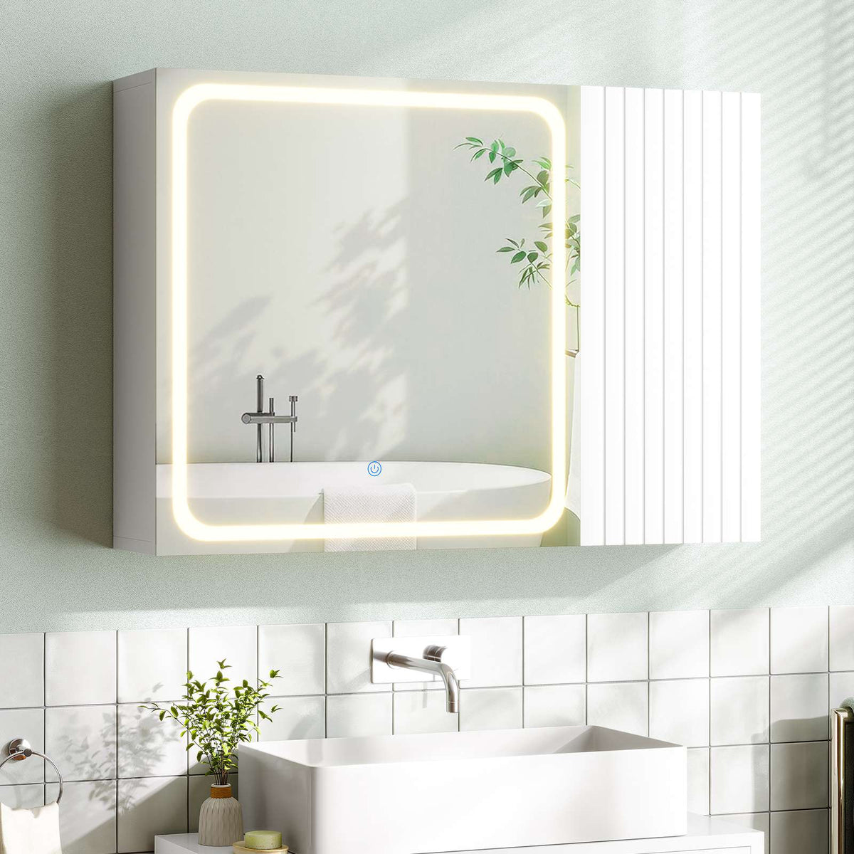 AOGLLATI Spiegelschrank Bad 80 cm breit mit LED-Beleuchtung Badezimmer spiegelschrank mit Verstellbarer Ablage HD-Spiegel