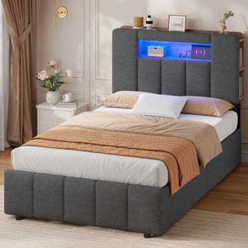 AOGLLATI Bett 90x200 mit Hydraulisch Stauraum  mit LED-Beleuchtung  mit Stauraum Kopfteil Samtstoff