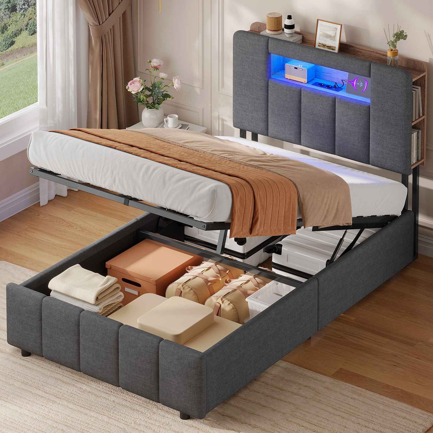 AOGLLATI Bett 90x200 mit Hydraulisch Stauraum  mit LED-Beleuchtung  mit Stauraum Kopfteil Samtstoff