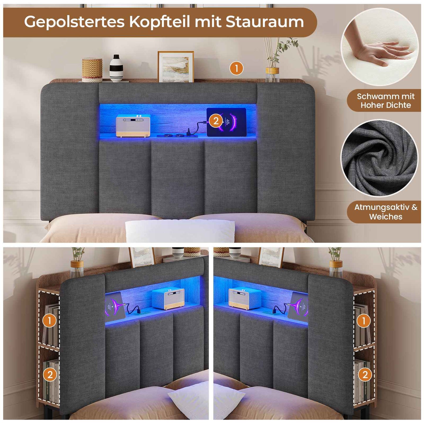 AOGLLATI Bett 90x200 mit Hydraulisch Stauraum  mit LED-Beleuchtung  mit Stauraum Kopfteil Samtstoff