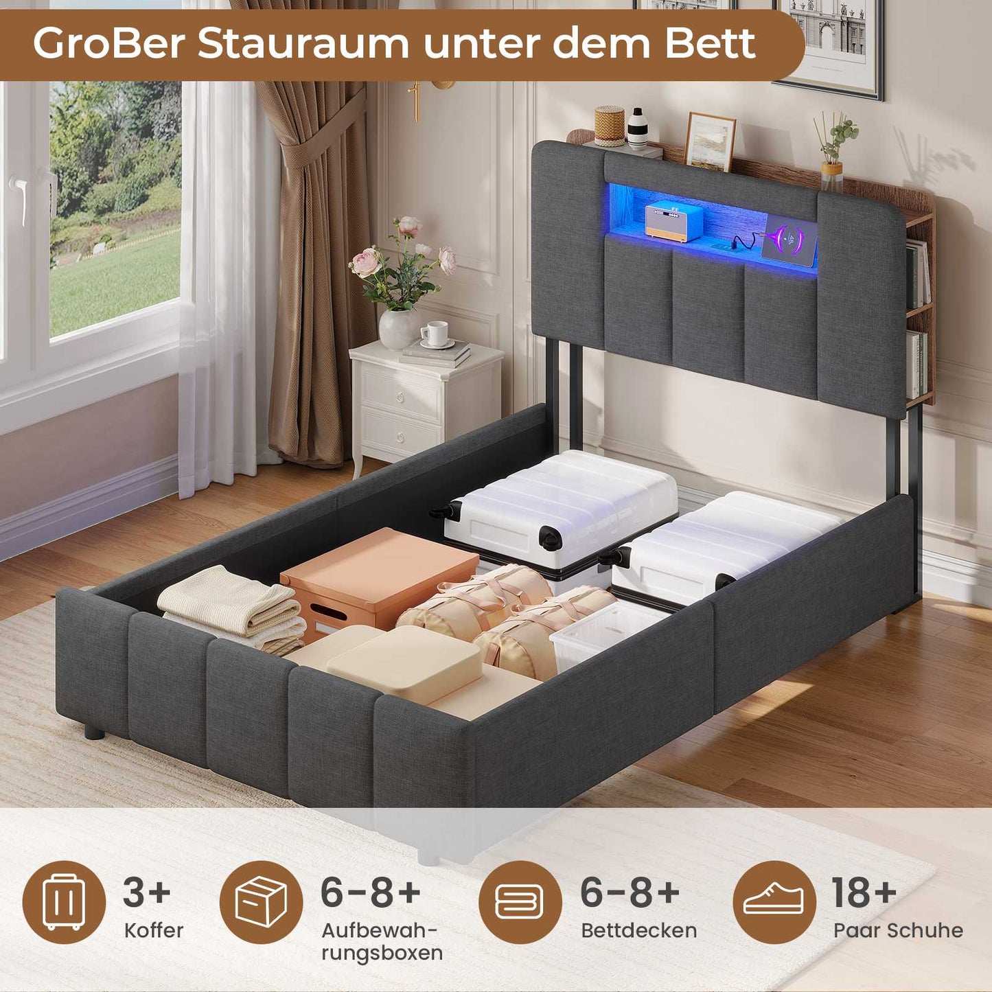 AOGLLATI Bett 90x200 mit Hydraulisch Stauraum  mit LED-Beleuchtung  mit Stauraum Kopfteil Samtstoff