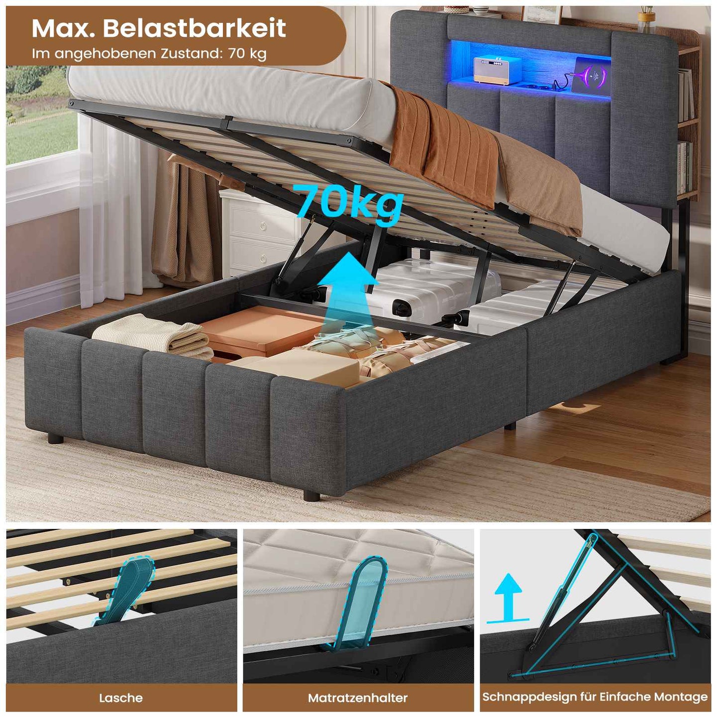 AOGLLATI Bett 90x200 mit Hydraulisch Stauraum  mit LED-Beleuchtung  mit Stauraum Kopfteil Samtstoff