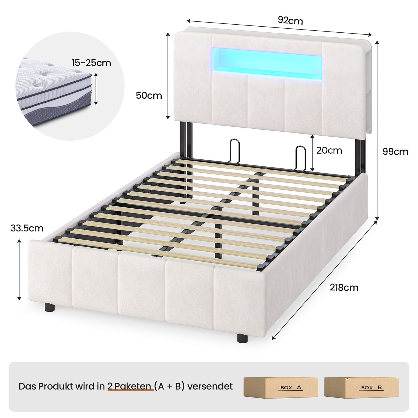 AOGLLATI Bett 90x200 mit Hydraulisch Stauraum  mit LED-Beleuchtung  mit Stauraum Kopfteil Samtstoff