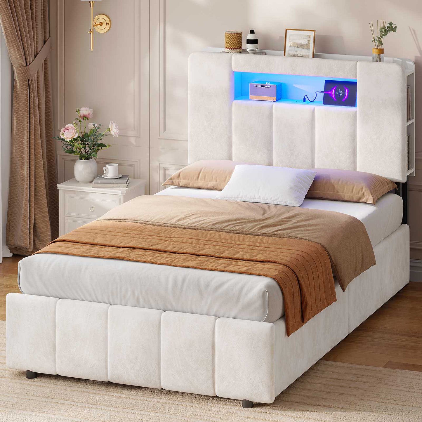 AOGLLATI Bett 90x200 mit Hydraulisch Stauraum  mit LED-Beleuchtung  mit Stauraum Kopfteil Samtstoff