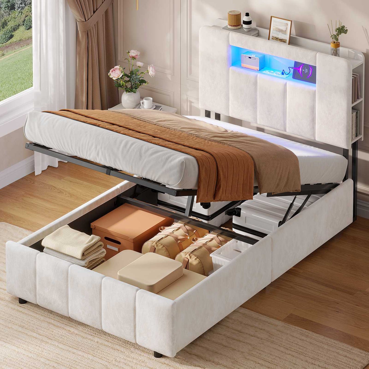 AOGLLATI Bett 90x200 mit Hydraulisch Stauraum  mit LED-Beleuchtung  mit Stauraum Kopfteil Samtstoff