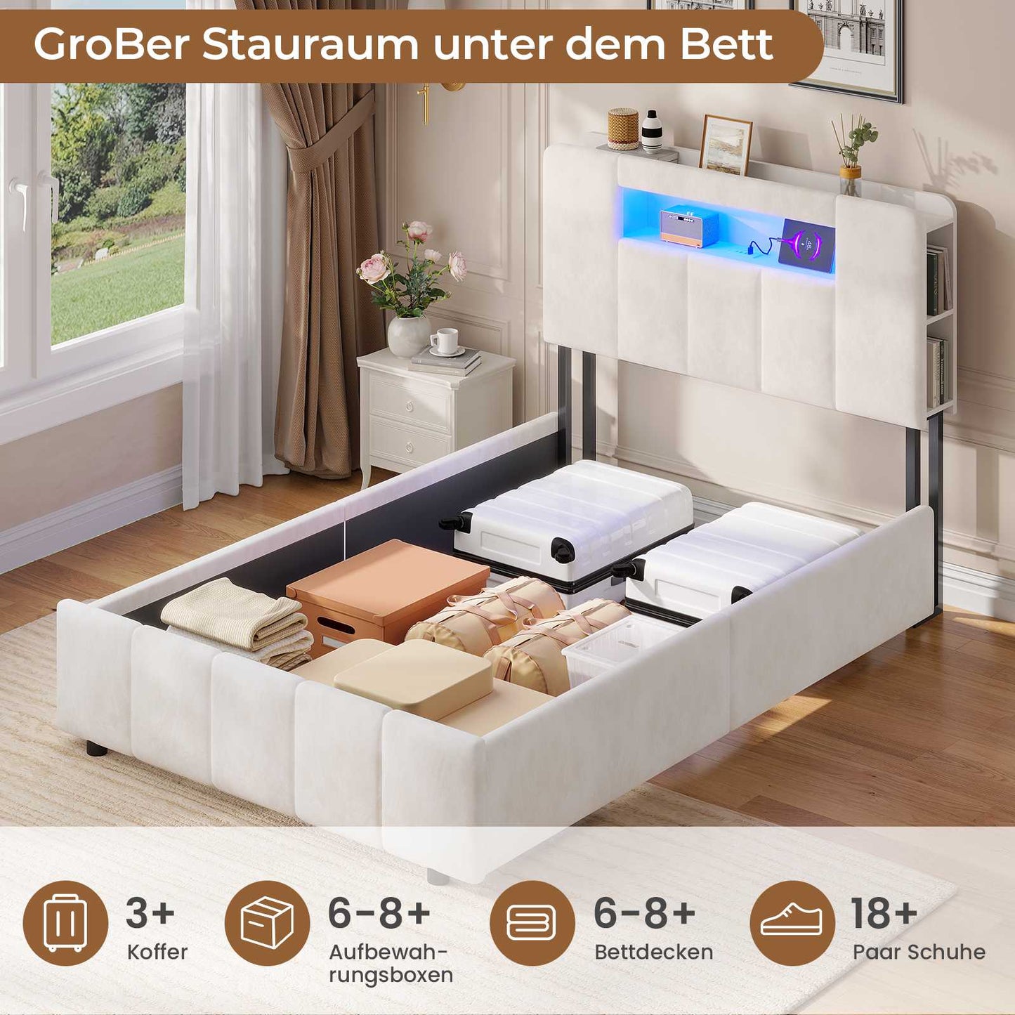 AOGLLATI Bett 90x200 mit Hydraulisch Stauraum  mit LED-Beleuchtung  mit Stauraum Kopfteil Samtstoff