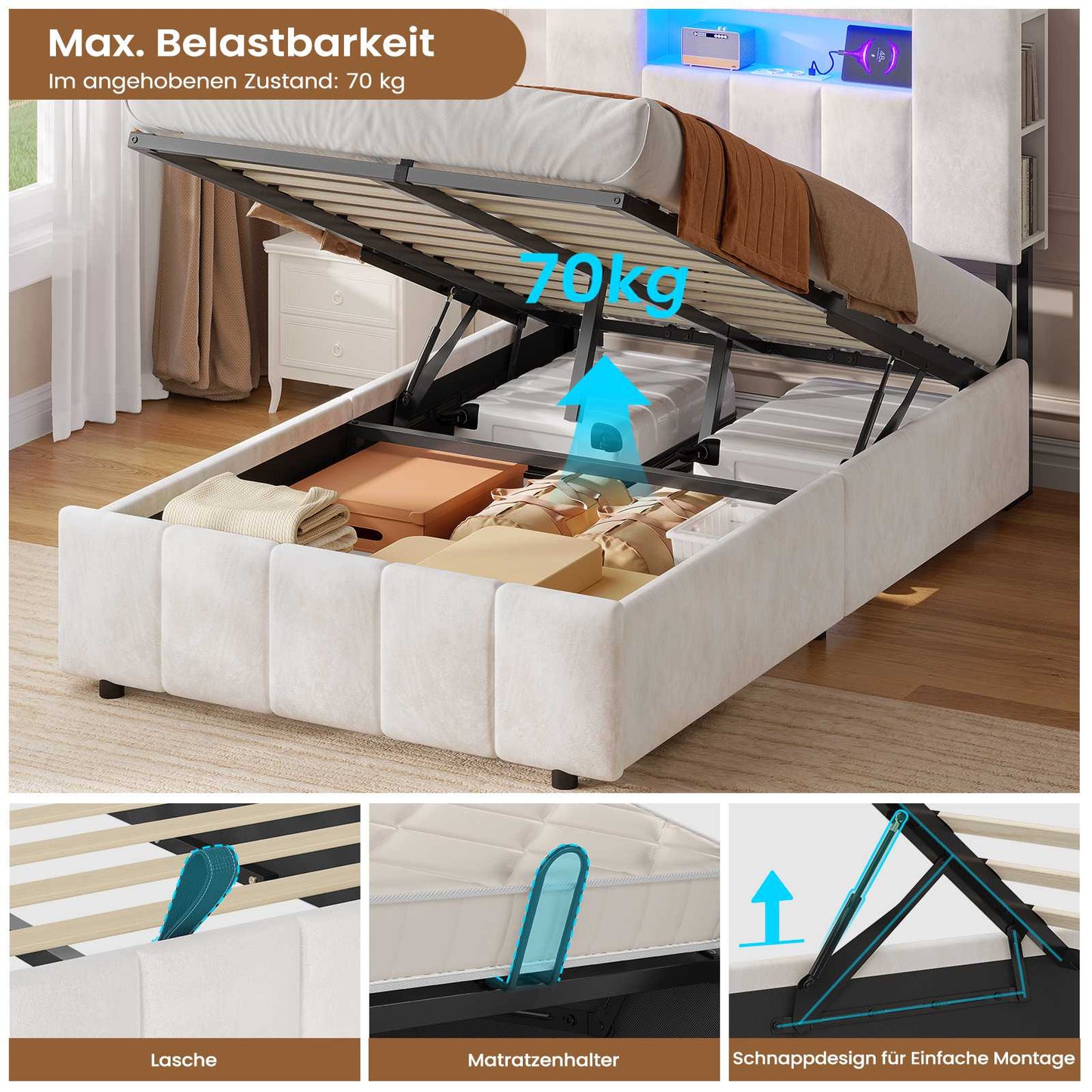 AOGLLATI Bett 90x200 mit Hydraulisch Stauraum  mit LED-Beleuchtung  mit Stauraum Kopfteil Samtstoff