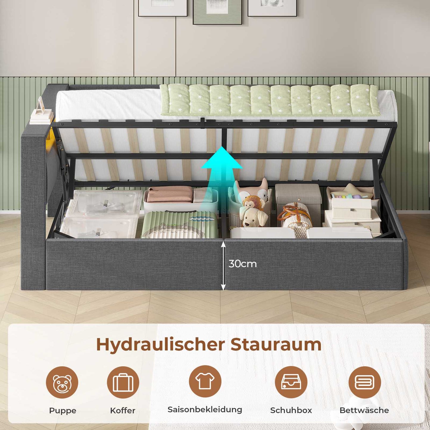 AOGLLATI Polsterbett Schlafsofa 90x200 mit USB-Steckdosen und hydraulischem Stauraum mit LED-Kopfteil & Lattenrost