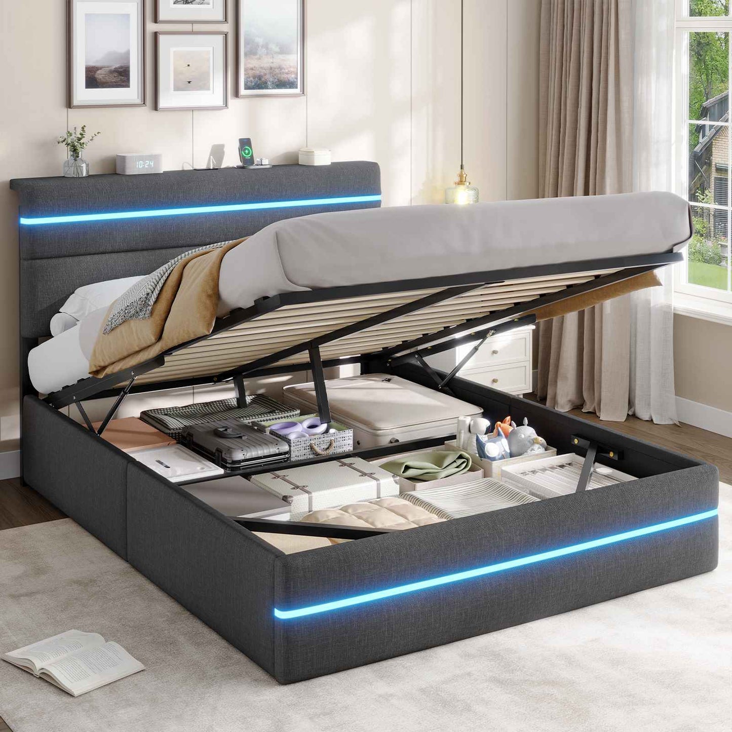 AOGLLATI Bett 140x190 mit Hydraulischem Stauraum Polsterbett Doppelbett mit LED-Kopfteil & Ladestation Jugendbett mit Lattenrost