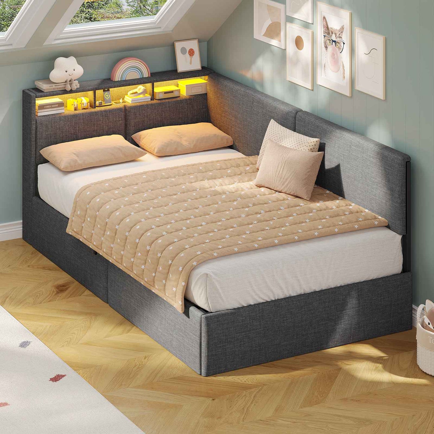 AOGLLATI Polsterbett Schlafsofa 90x200 mit USB-Steckdosen und hydraulischem Stauraum mit LED-Kopfteil & Lattenrost