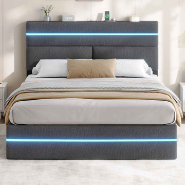 AOGLLATI Bett 140x200 mit Hydraulischem Stauraum Polsterbett Doppelbett mit LED-Kopfteil & Ladestation
