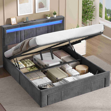 AOGLLATI Polsterbett 160x200 mit Steckdosen und LED-Beleuchtung Höhenverstellbares Kopfteil Hydraulischer Stauraum & Große Schublade