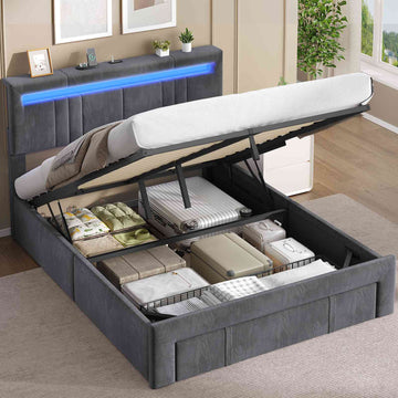 AOGLLATI Polsterbett 140x200 mit Stauraum mit Steckdosen und LED-Beleuchtung Höhenverstellbares Kopfteil 30cm Hydraulischer Stauraum & Große Schublade