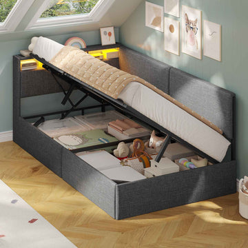 AOGLLATI Polsterbett Schlafsofa 90x200 mit USB-Steckdosen und hydraulischem Stauraum mit LED-Kopfteil & Lattenrost