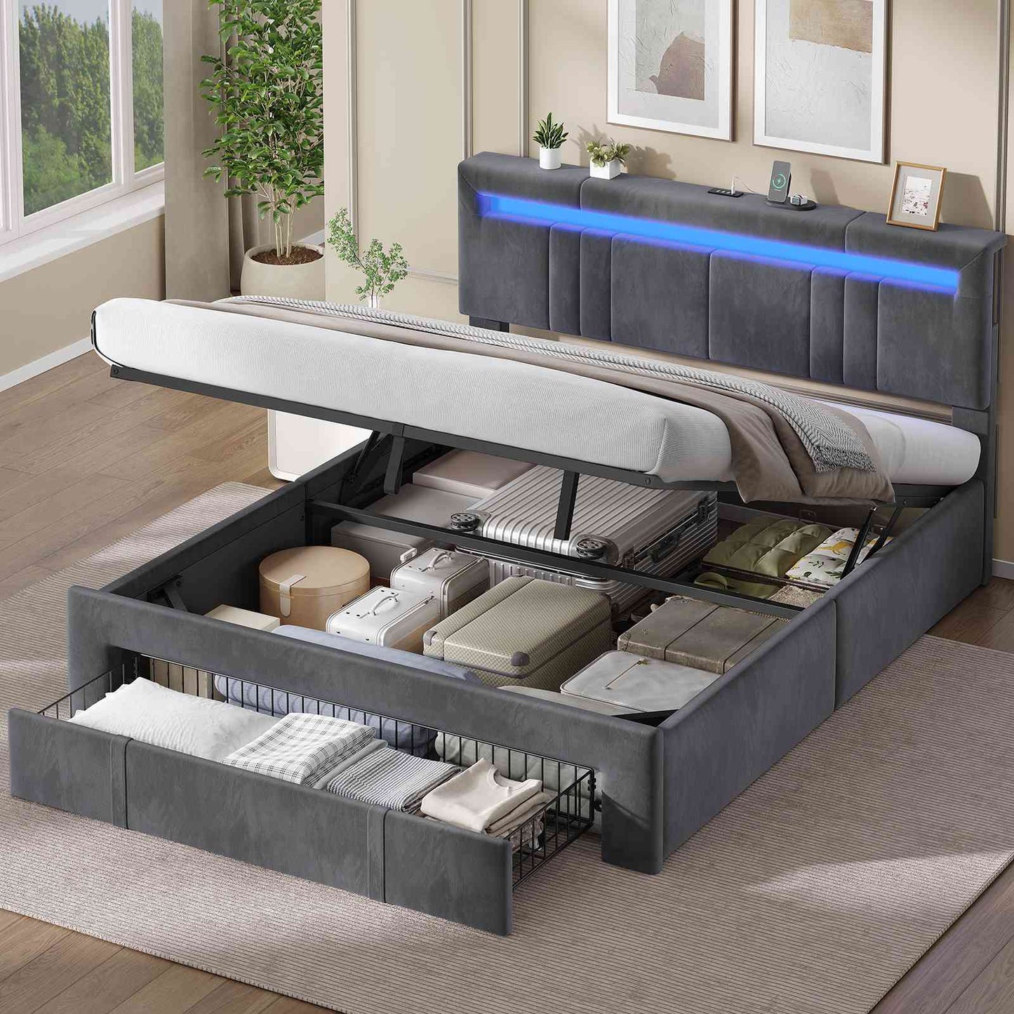 AOGLLATI Polsterbett 160x200 mit Steckdosen und LED-Beleuchtung Höhenverstellbares Kopfteil Hydraulischer Stauraum & Große Schublade