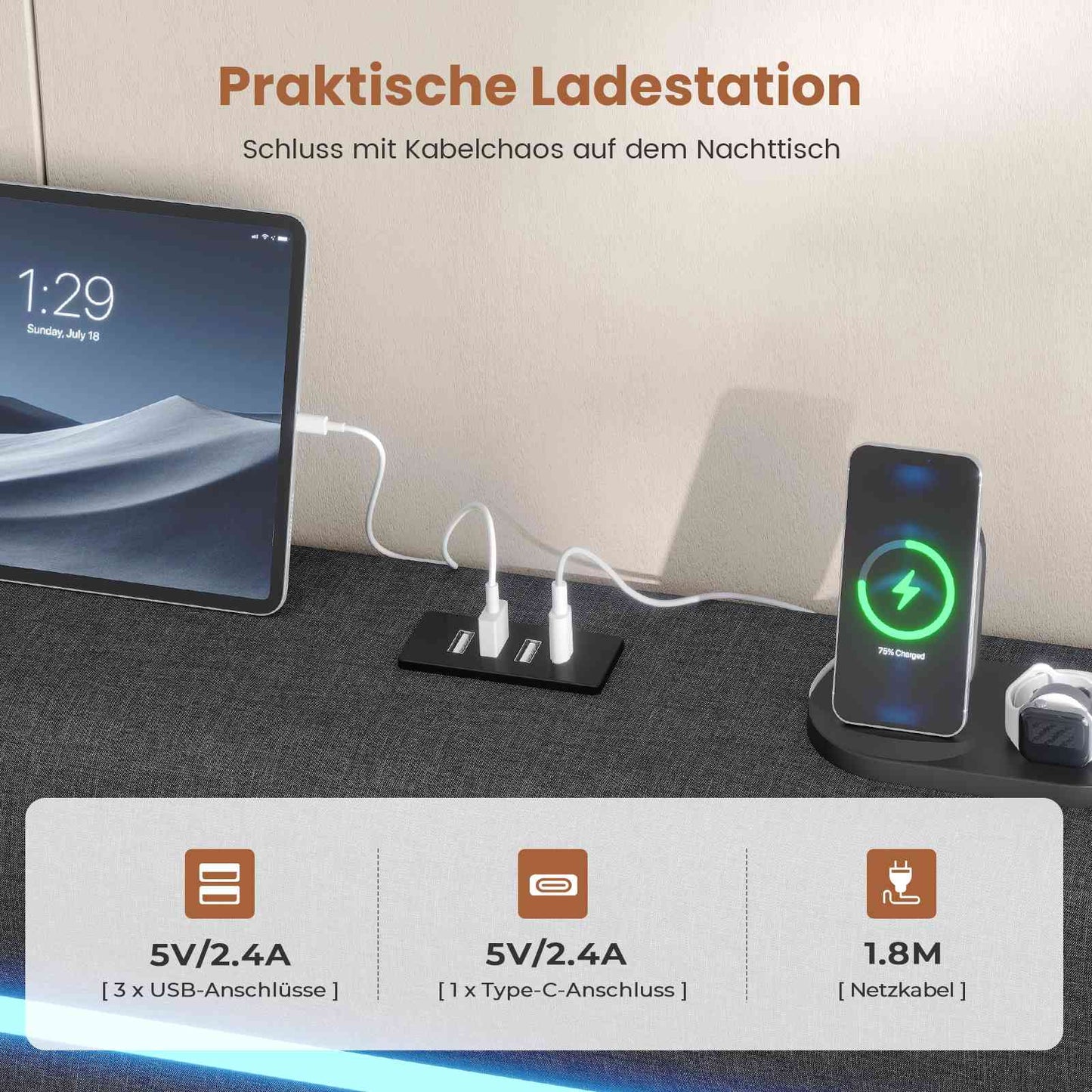 AOGLLATI Bett 140x200 mit Hydraulischem Stauraum Polsterbett Doppelbett mit LED-Kopfteil & Ladestation