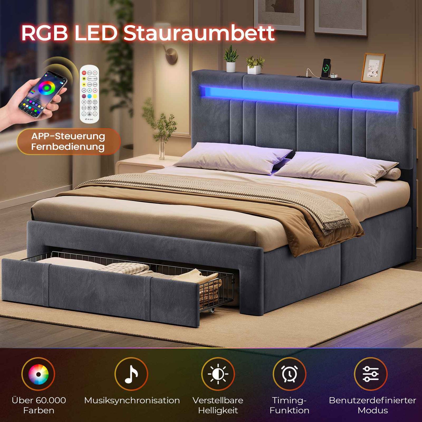 AOGLLATI Polsterbett 160x200 mit Steckdosen und LED-Beleuchtung Höhenverstellbares Kopfteil Hydraulischer Stauraum & Große Schublade
