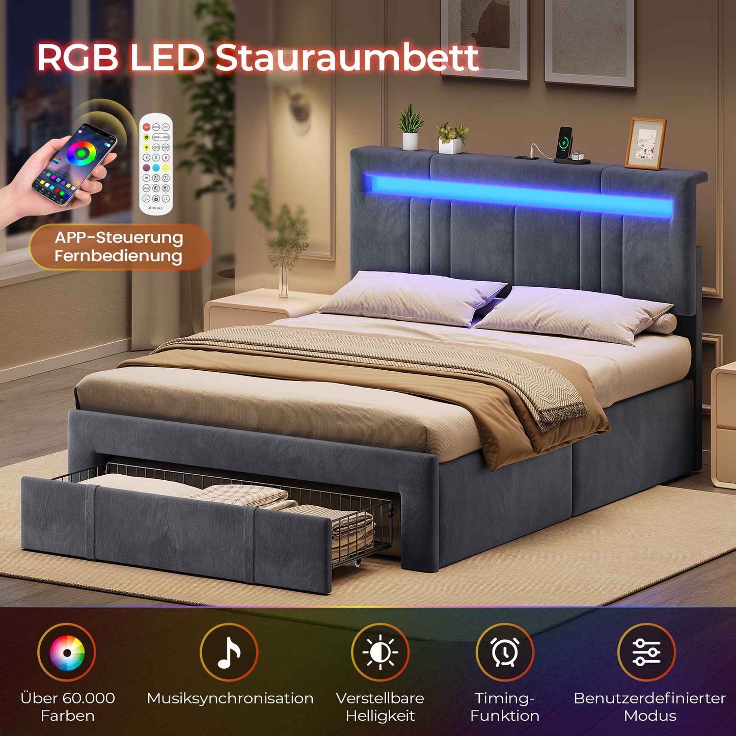 AOGLLATI Polsterbett 140x200 mit Stauraum mit Steckdosen und LED-Beleuchtung Höhenverstellbares Kopfteil 30cm Hydraulischer Stauraum & Große Schublade