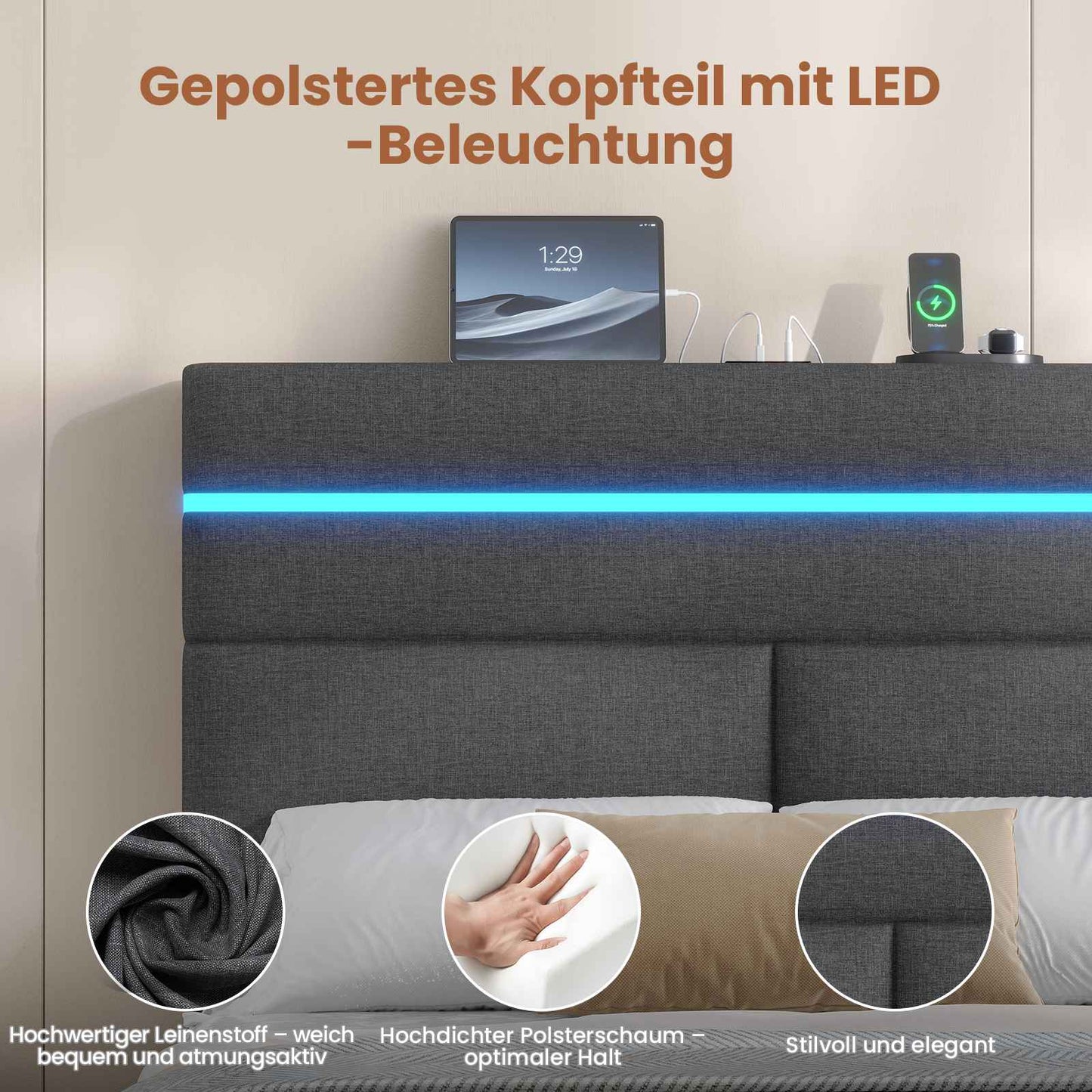 AOGLLATI Bett 140x200 mit Hydraulischem Stauraum Polsterbett Doppelbett mit LED-Kopfteil & Ladestation