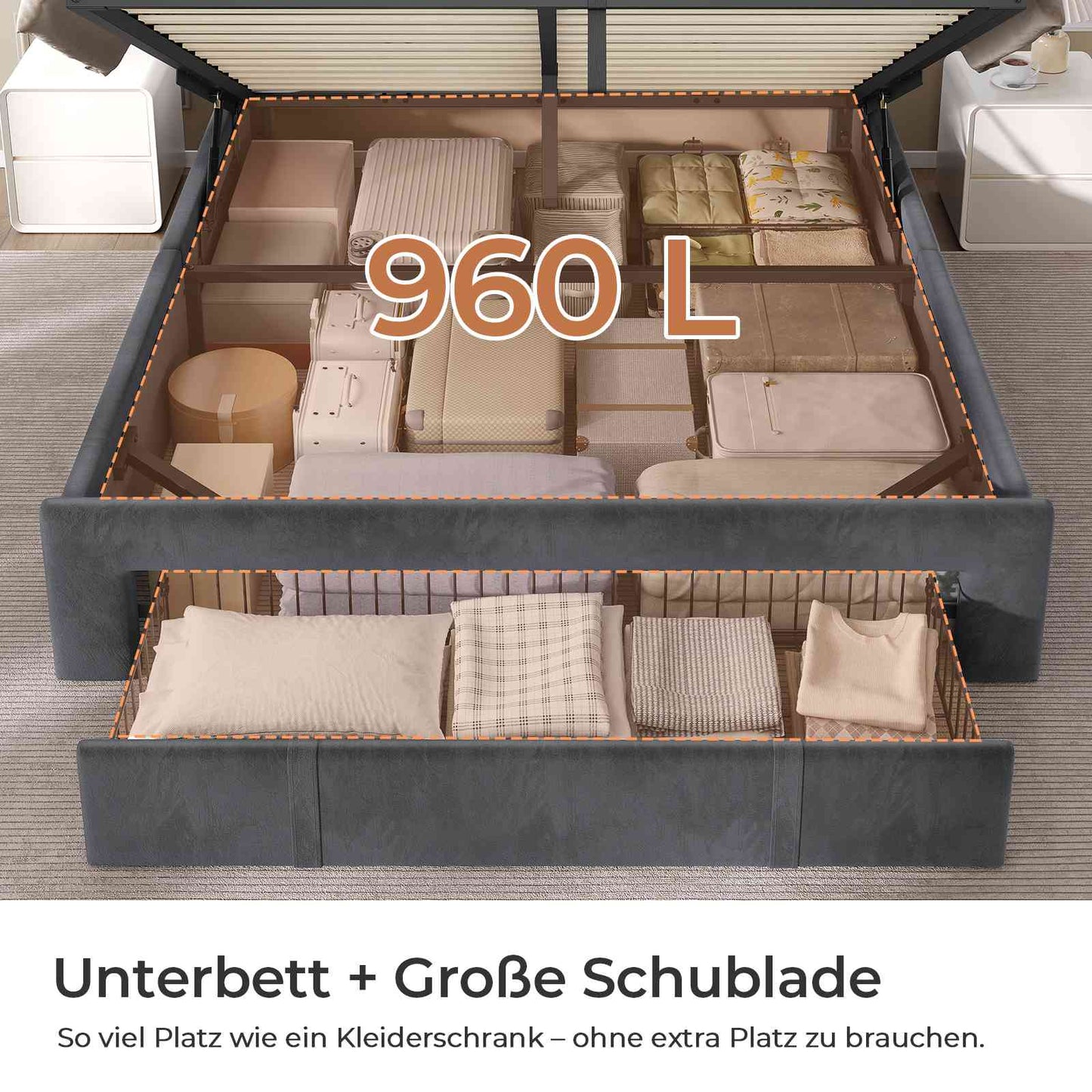 AOGLLATI Polsterbett 160x200 mit Steckdosen und LED-Beleuchtung Höhenverstellbares Kopfteil Hydraulischer Stauraum & Große Schublade