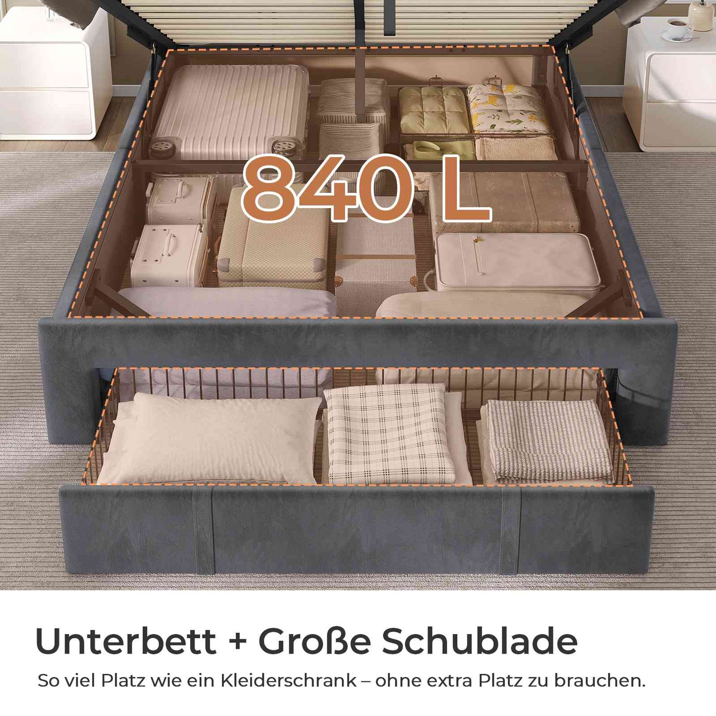AOGLLATI Polsterbett 140x200 mit Stauraum mit Steckdosen und LED-Beleuchtung Höhenverstellbares Kopfteil 30cm Hydraulischer Stauraum & Große Schublade