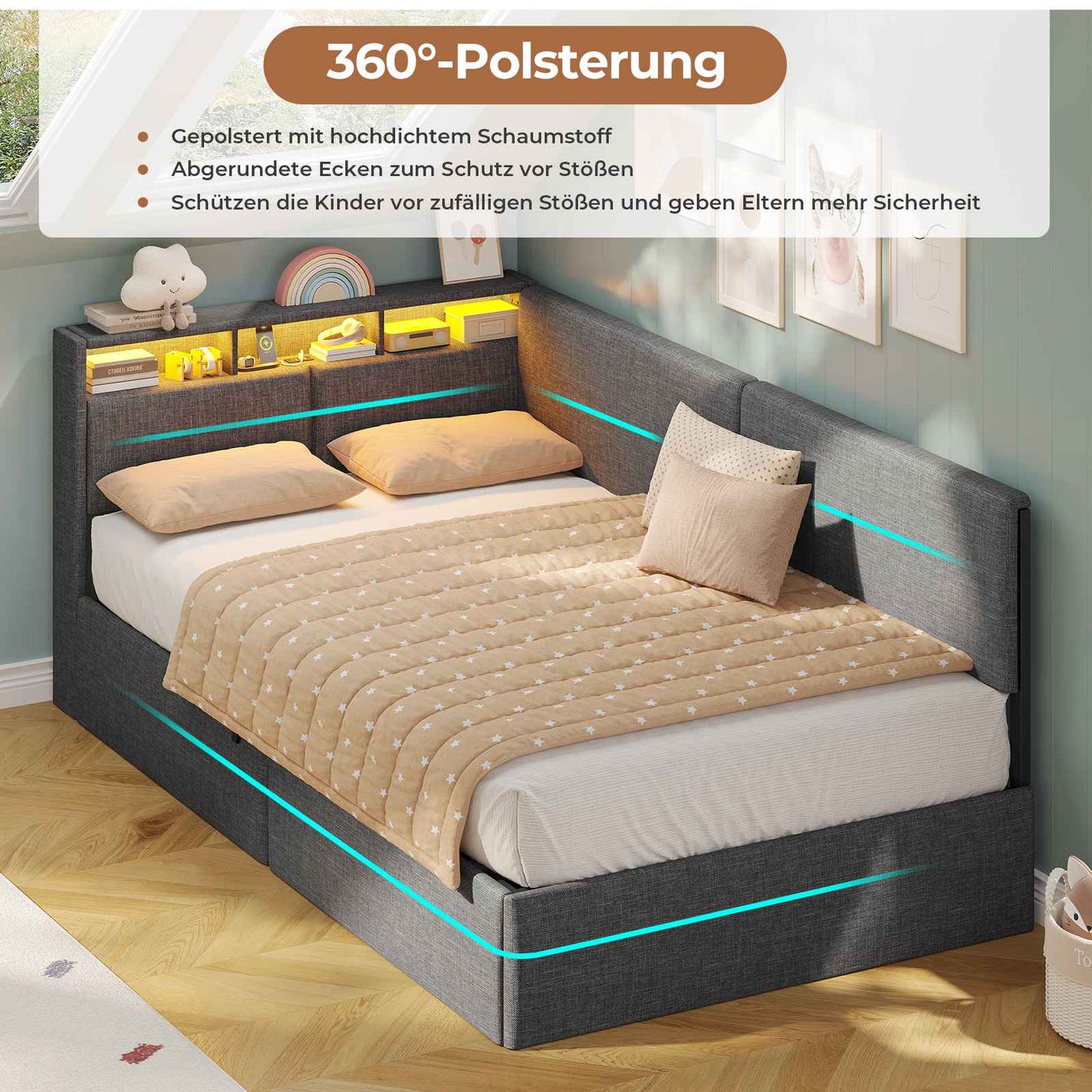 AOGLLATI Polsterbett Schlafsofa 90x200 mit USB-Steckdosen und hydraulischem Stauraum mit LED-Kopfteil & Lattenrost