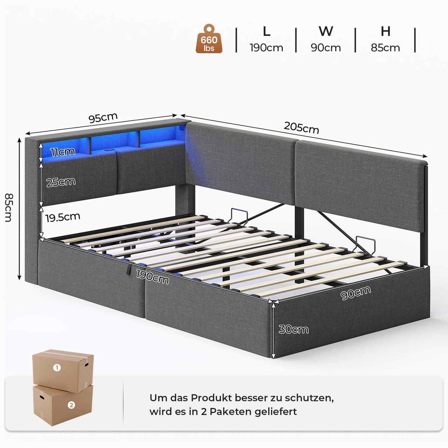 AOGLLATI Polsterbett Schlafsofa 90x200 mit USB-Steckdosen und hydraulischem Stauraum mit LED-Kopfteil & Lattenrost