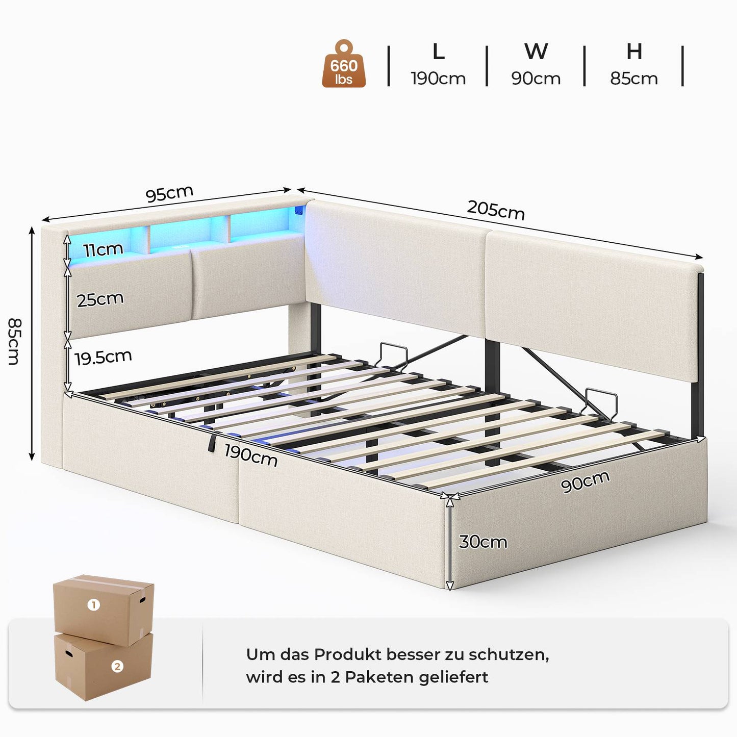 AOGLLATI Polsterbett Schlafsofa 90x200 mit USB-Steckdosen und hydraulischem Stauraum mit LED-Kopfteil & Lattenrost