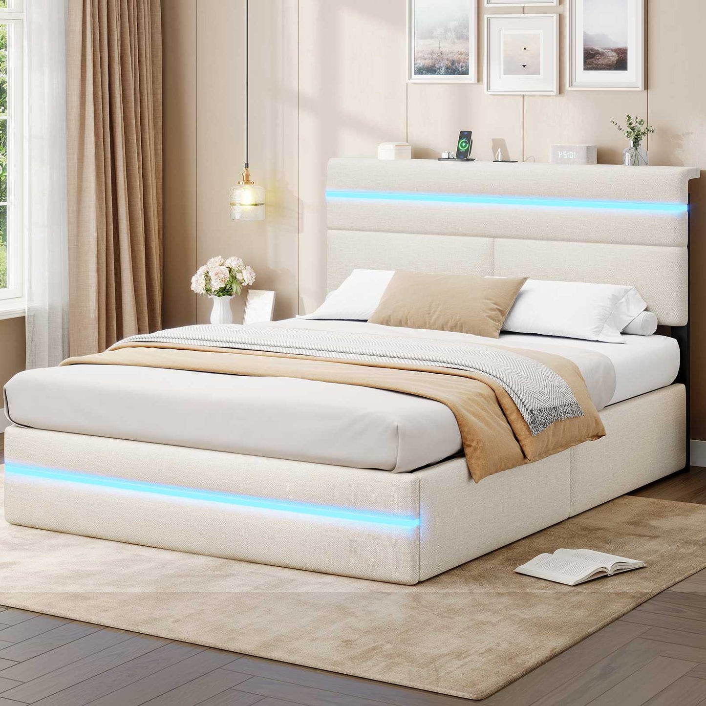 AOGLLATI Bett 140x190 mit Hydraulischem Stauraum Polsterbett Doppelbett mit LED-Kopfteil & Ladestation Jugendbett mit Lattenrost