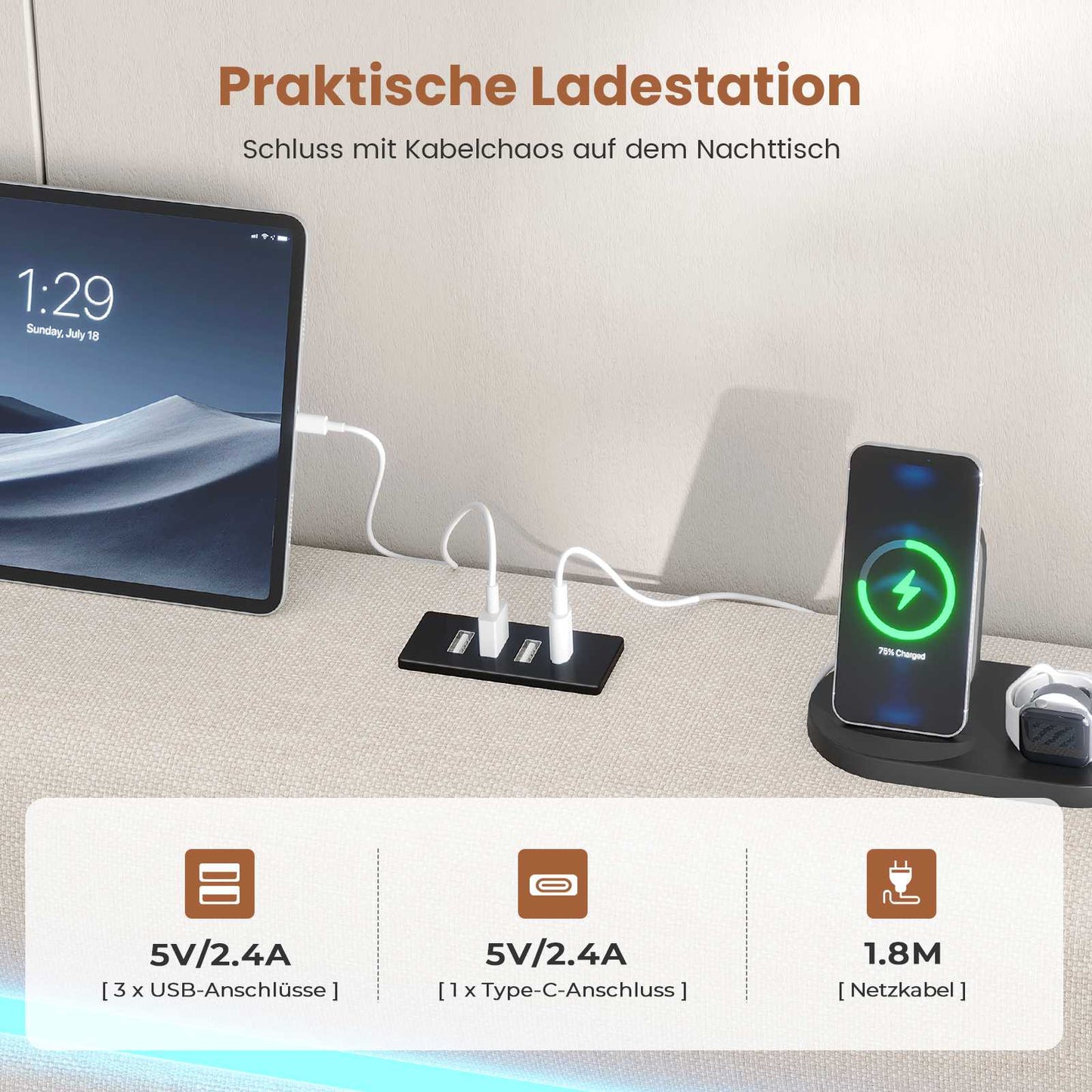 AOGLLATI Bett 140x200 mit Hydraulischem Stauraum Polsterbett Doppelbett mit LED-Kopfteil & Ladestation