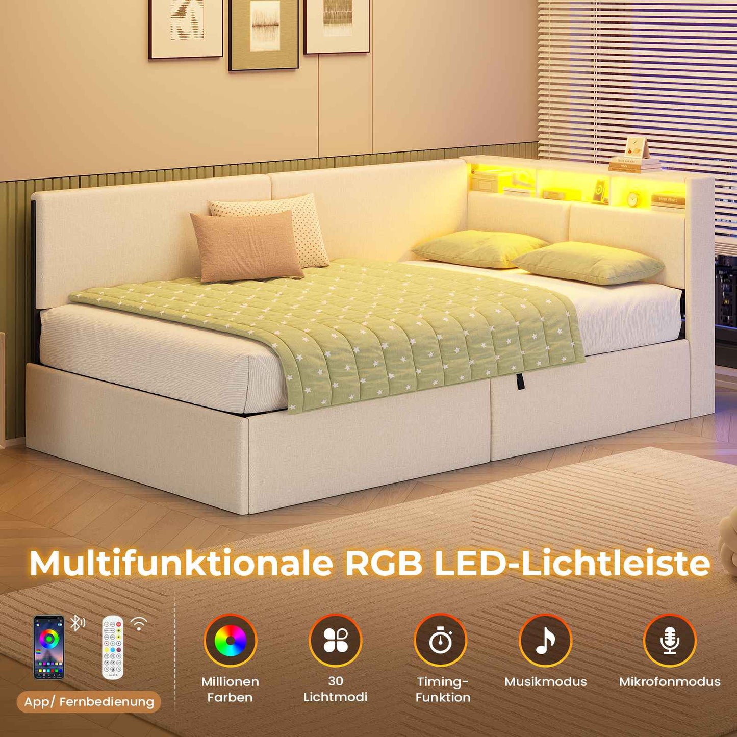 AOGLLATI Polsterbett Schlafsofa 90x200 mit USB-Steckdosen und hydraulischem Stauraum mit LED-Kopfteil & Lattenrost