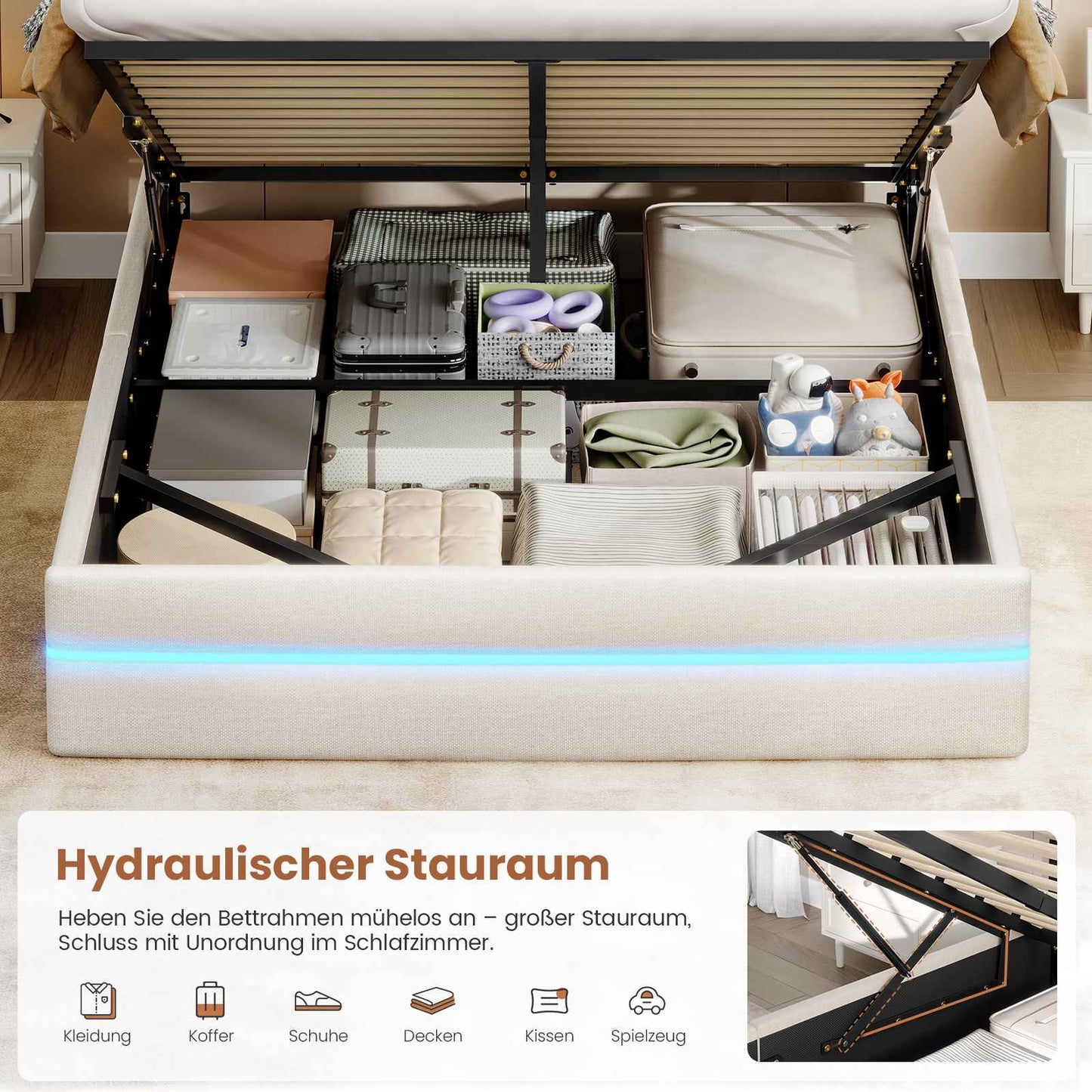 AOGLLATI Bett 140x200 mit Hydraulischem Stauraum Polsterbett Doppelbett mit LED-Kopfteil & Ladestation