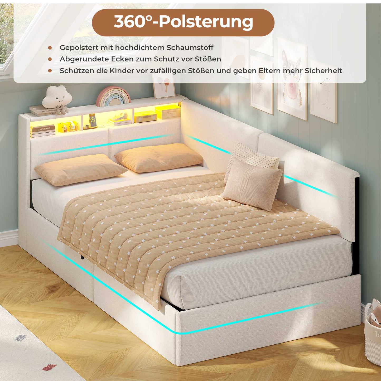 AOGLLATI Polsterbett Schlafsofa 90x200 mit USB-Steckdosen und hydraulischem Stauraum mit LED-Kopfteil & Lattenrost