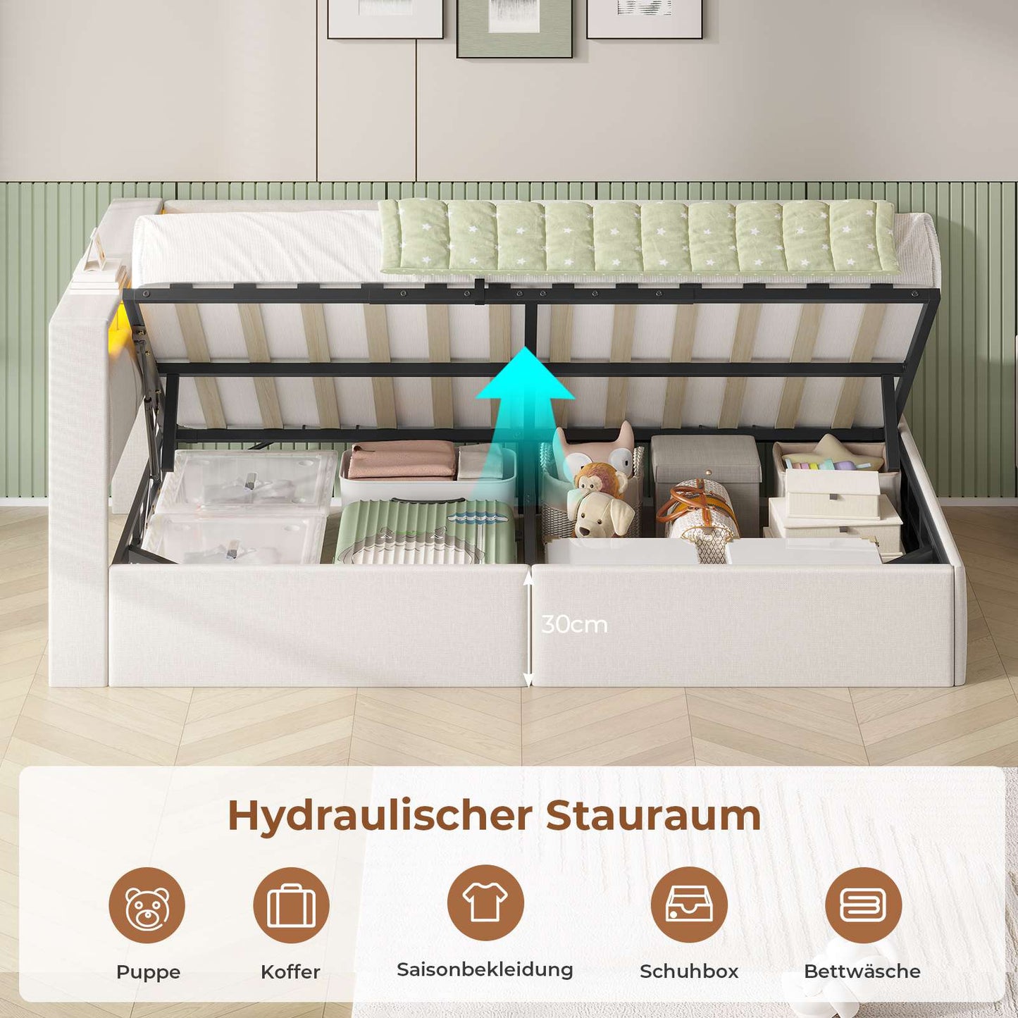 AOGLLATI Polsterbett Schlafsofa 90x200 mit USB-Steckdosen und hydraulischem Stauraum mit LED-Kopfteil & Lattenrost