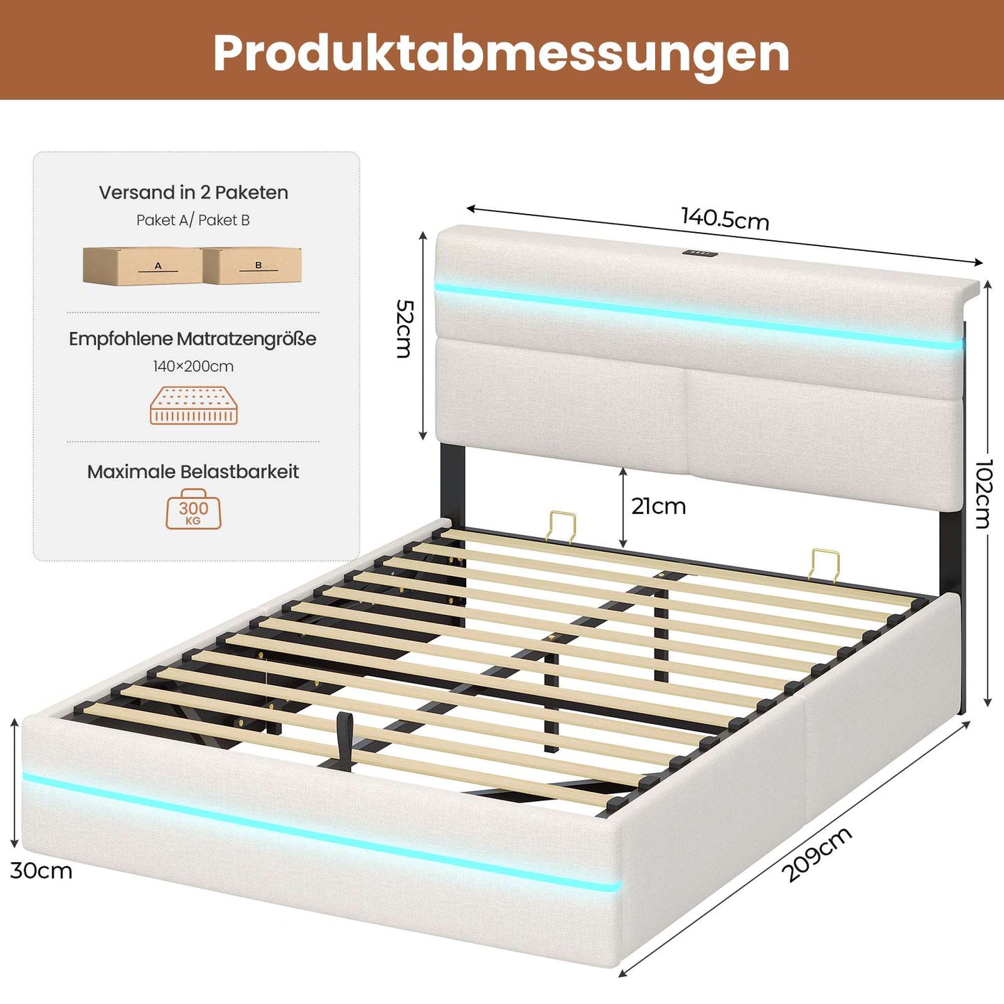 AOGLLATI Bett 140x200 mit Hydraulischem Stauraum Polsterbett Doppelbett mit LED-Kopfteil & Ladestation