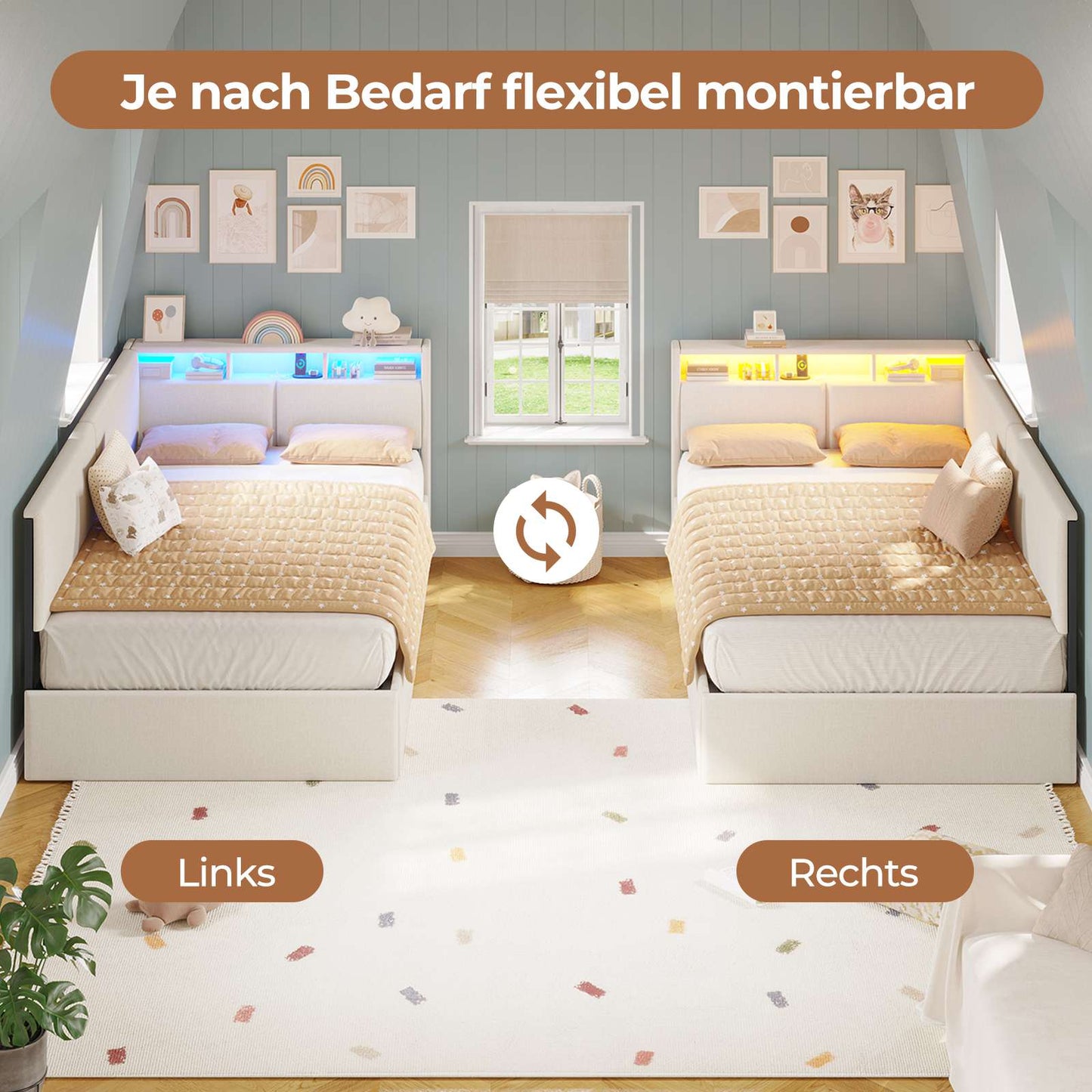 AOGLLATI Polsterbett Schlafsofa 90x200 mit USB-Steckdosen und hydraulischem Stauraum mit LED-Kopfteil & Lattenrost