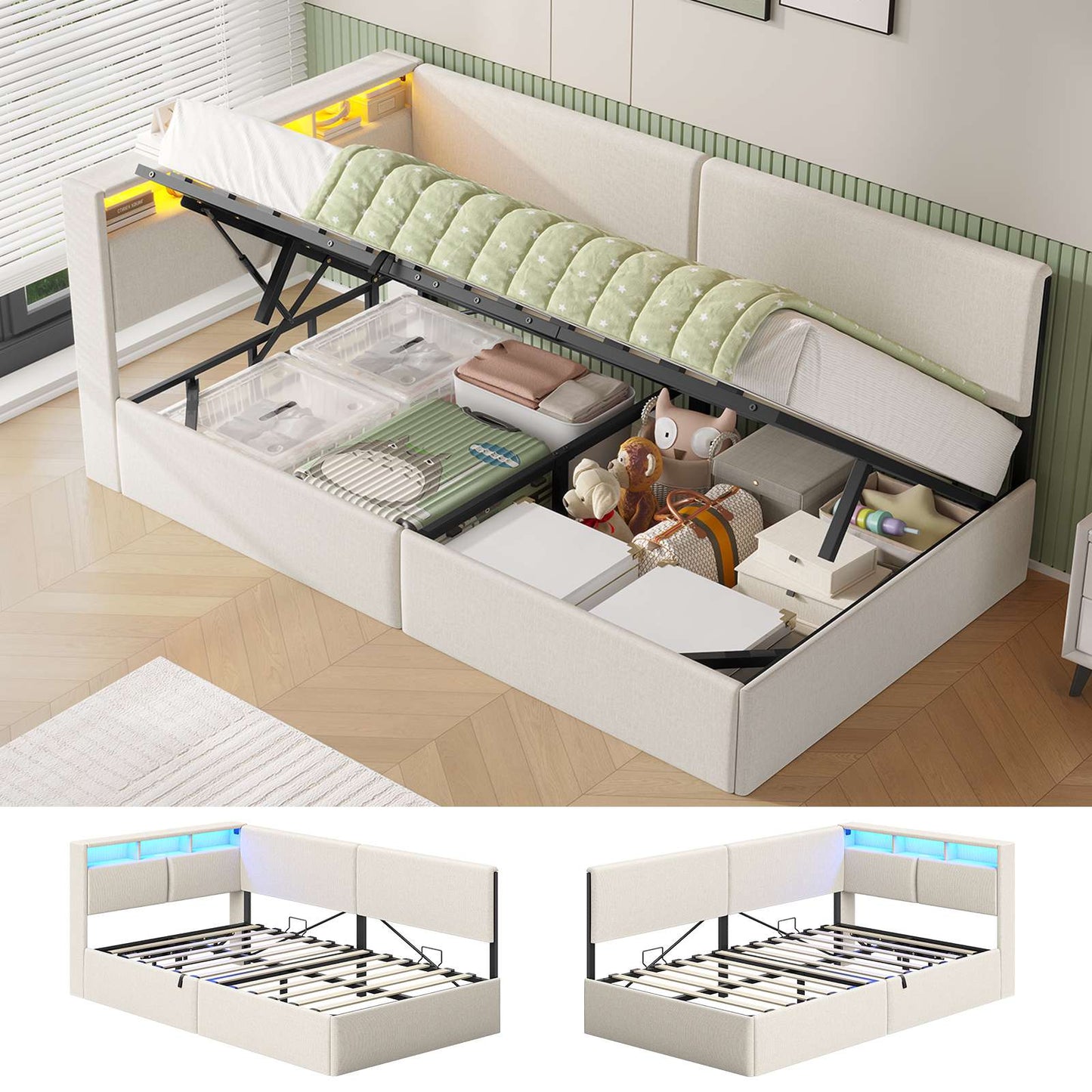 AOGLLATI Polsterbett Schlafsofa 90x200 mit USB-Steckdosen und hydraulischem Stauraum mit LED-Kopfteil & Lattenrost