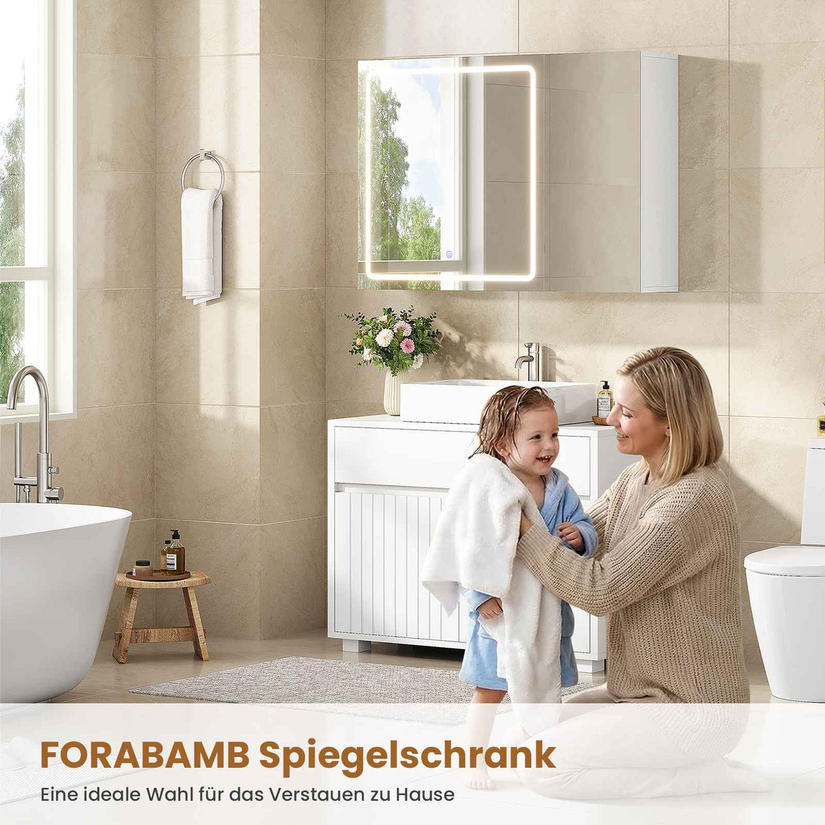 AOGLLATI Spiegelschrank Bad 80 cm breit mit LED-Beleuchtung und Steckdose Badezimmerschrank mit HD Spiegel 3 Verstellbaren Regalen