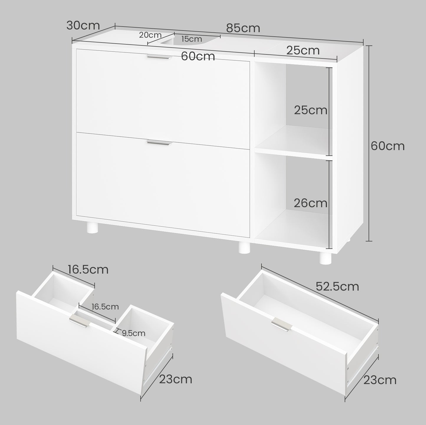 AOGLLATI Waschbeckenunterschrank Bad Unterschrank Waschbecken mit 2 Schubladen Waschtischunterschrank mit 3 offenen Fächern rechts oder Links austauschbar