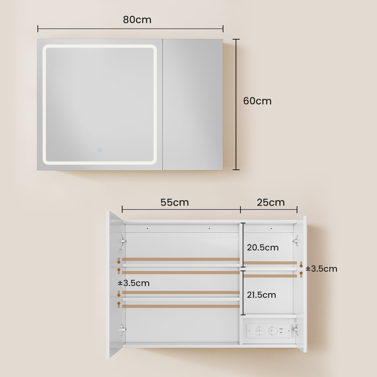 AOGLLATI Spiegelschrank Bad 80 cm breit mit LED-Beleuchtung und Steckdose Badezimmerschrank mit HD Spiegel 3 Verstellbaren Regalen