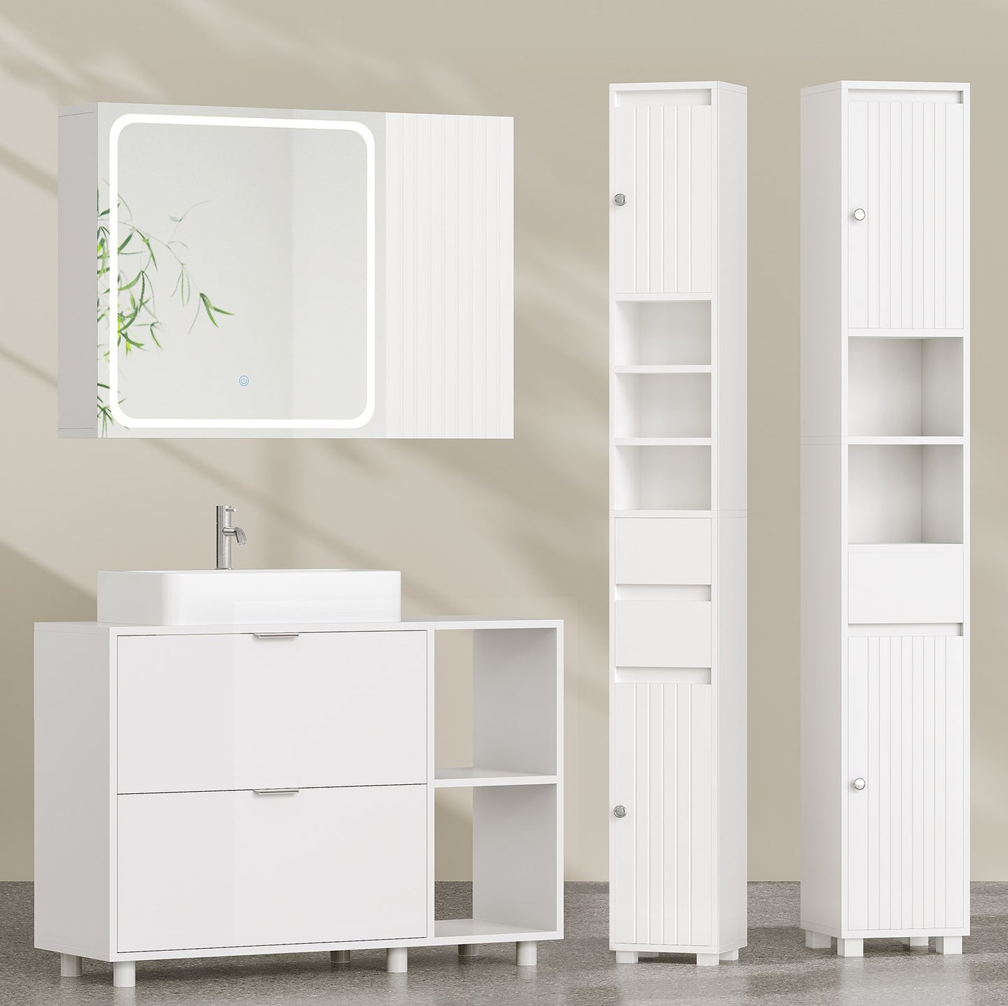 AOGLLATI Waschbeckenunterschrank Bad Unterschrank Waschbecken mit 2 Schubladen Waschtischunterschrank mit 3 offenen Fächern rechts oder Links austauschbar