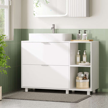 AOGLLATI Waschbeckenunterschrank Bad Unterschrank Waschbecken mit 2 Schubladen Waschtischunterschrank mit 3 offenen Fächern rechts oder Links austauschbar