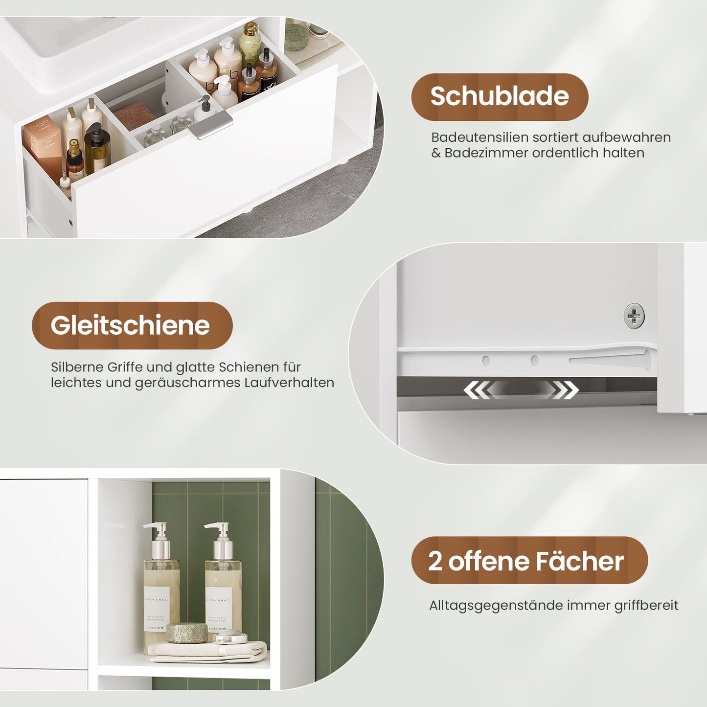 AOGLLATI Waschbeckenunterschrank Bad Unterschrank Waschbecken mit 2 Schubladen Waschtischunterschrank mit 3 offenen Fächern rechts oder Links austauschbar