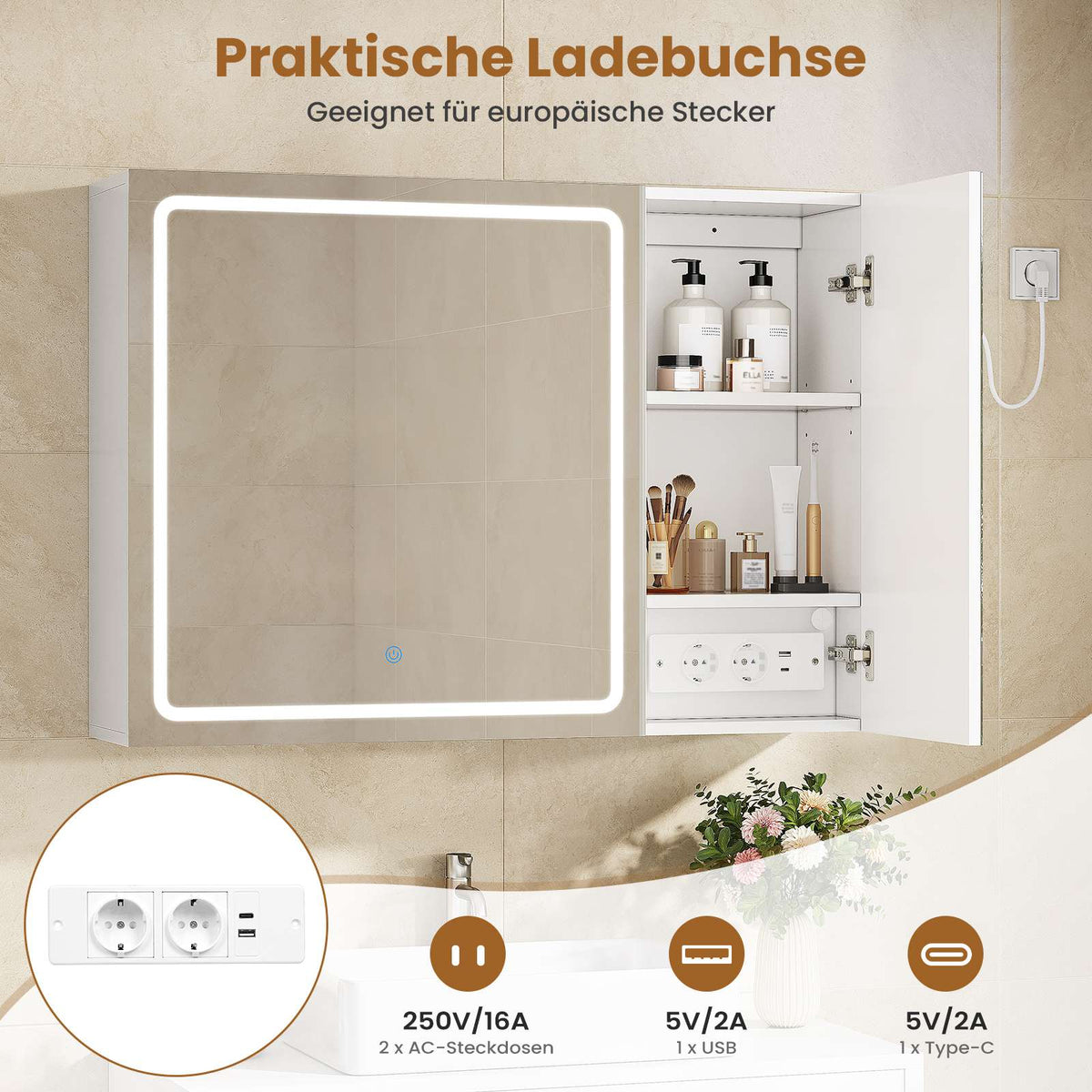 AOGLLATI Spiegelschrank Bad 80 cm breit mit LED-Beleuchtung und Steckdose Badezimmerschrank mit HD Spiegel 3 Verstellbaren Regalen