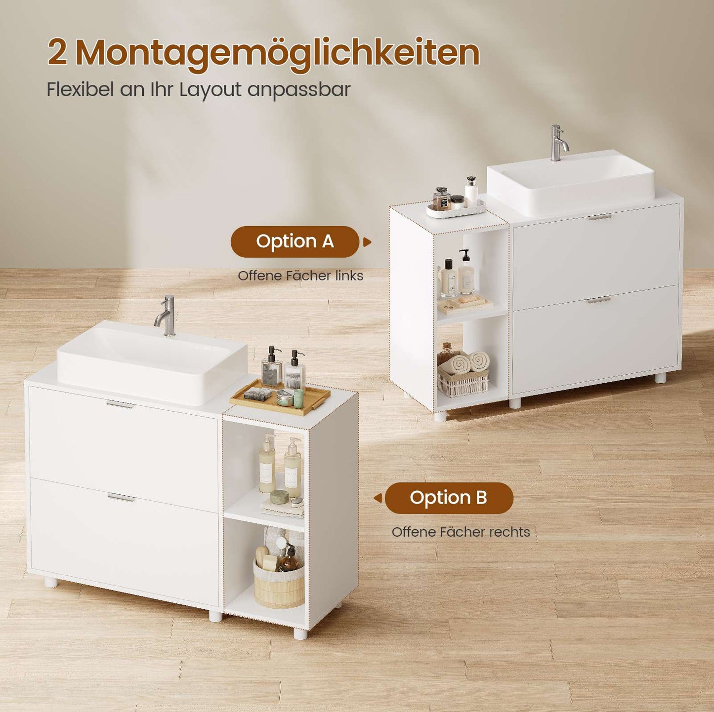 AOGLLATI Waschbeckenunterschrank Bad Unterschrank Waschbecken mit 2 Schubladen Waschtischunterschrank mit 3 offenen Fächern rechts oder Links austauschbar