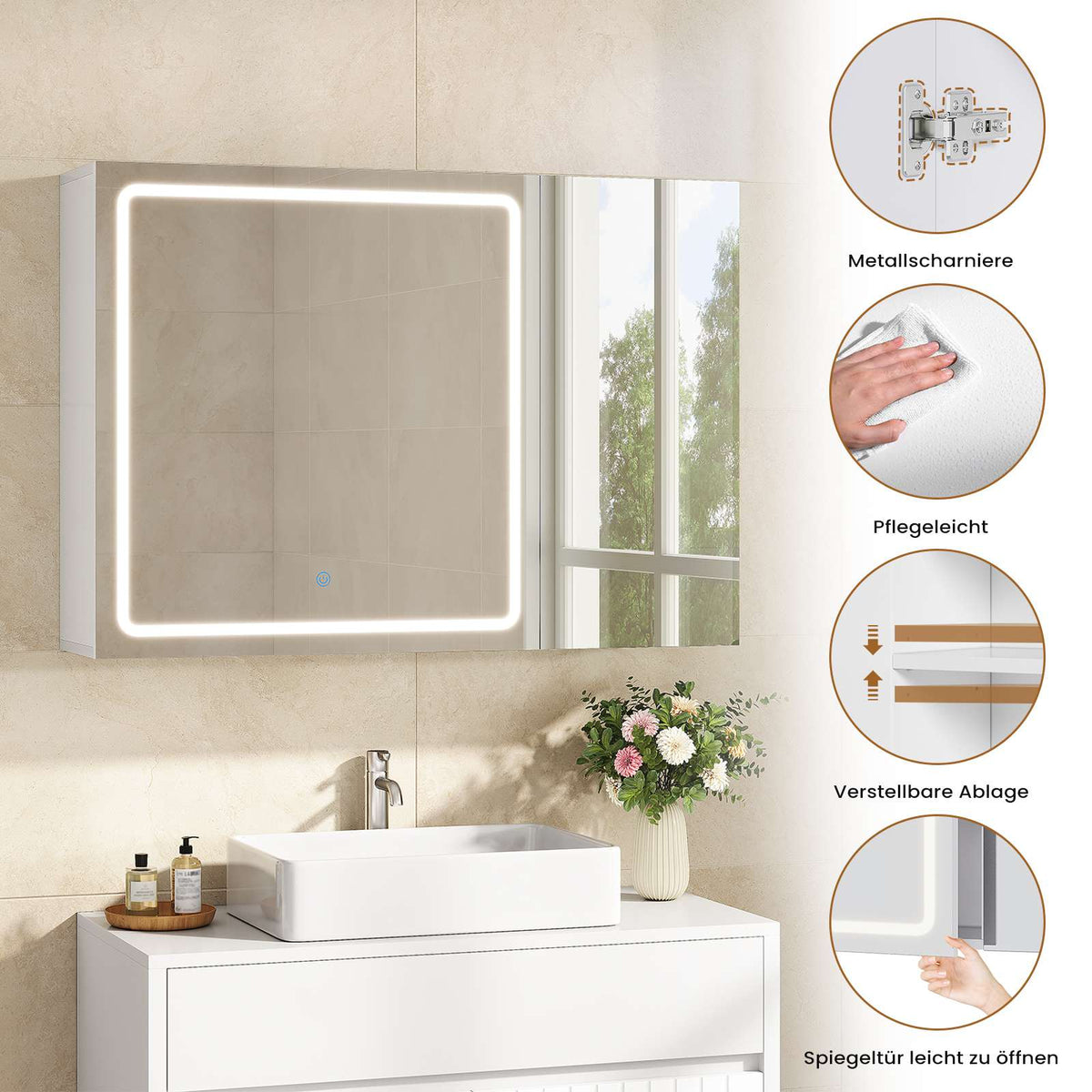 AOGLLATI Spiegelschrank Bad 80 cm breit mit LED-Beleuchtung und Steckdose Badezimmerschrank mit HD Spiegel 3 Verstellbaren Regalen