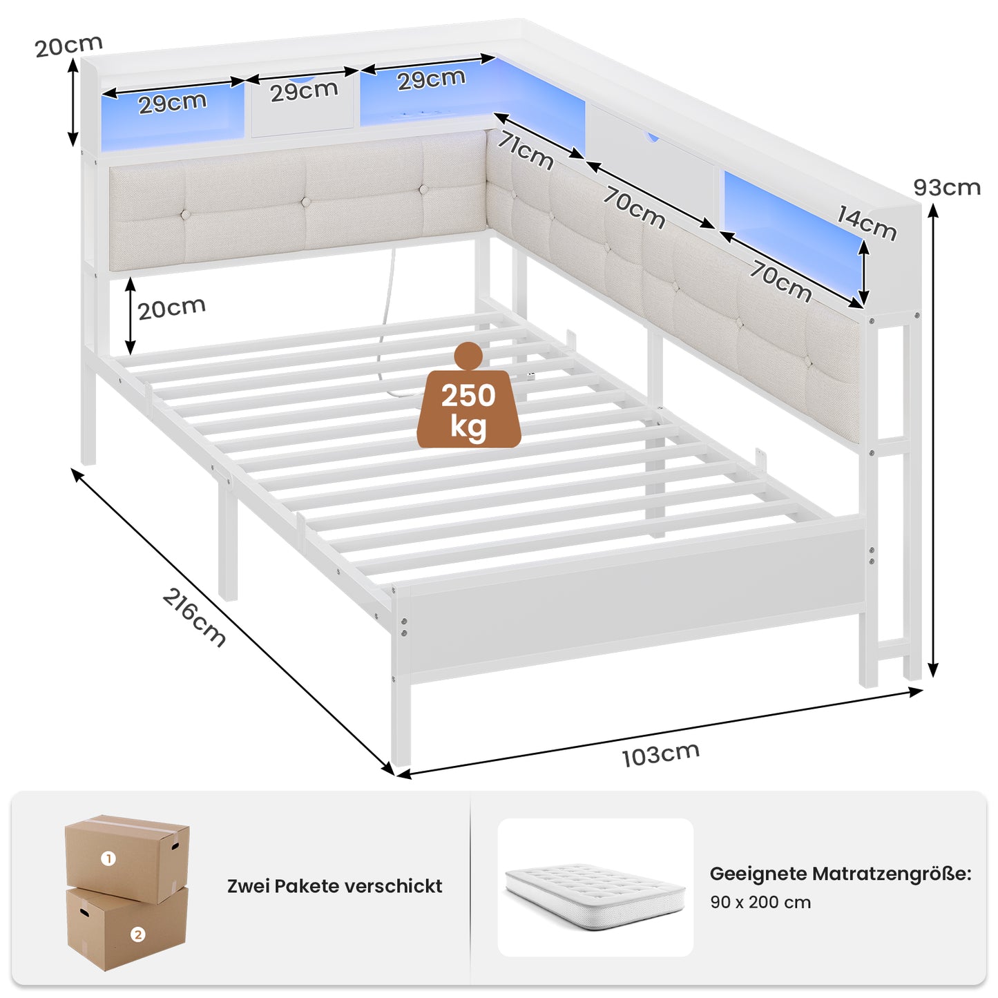 AOGLLATI Bett 90x200 mit 6 Staufächern mit LED-Beleuchtung Polsterbett Schlafsofa mit Steckdosen Gästebett Tagesbett