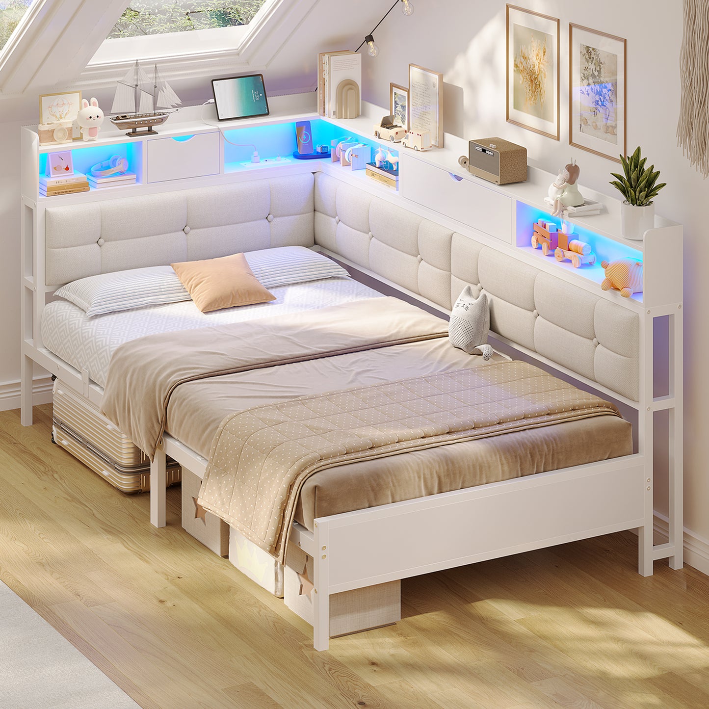 AOGLLATI Bett 90x200 mit 6 Staufächern mit LED-Beleuchtung Polsterbett Schlafsofa mit Steckdosen Gästebett Tagesbett