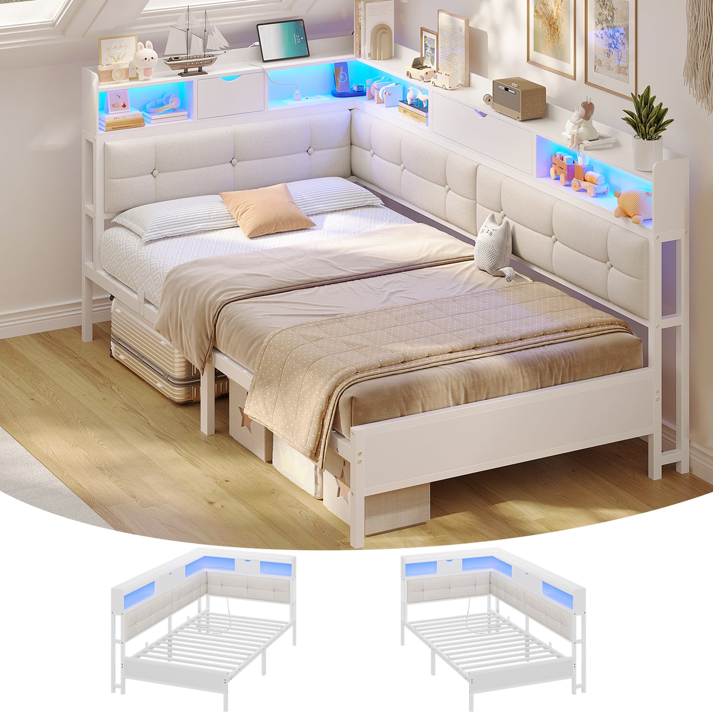 AOGLLATI Bett 90x200 mit 6 Staufächern mit LED-Beleuchtung Polsterbett Schlafsofa mit Steckdosen Gästebett Tagesbett